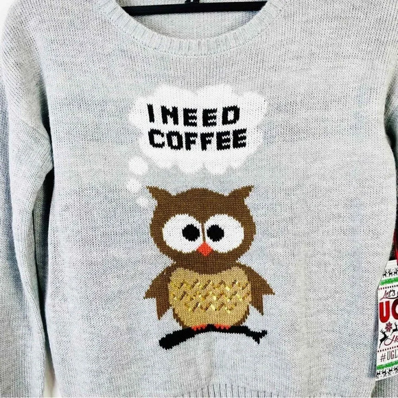 Almost Famous Owl Graphic I need Coffee Sweater Size Small - Picture 3 of 6